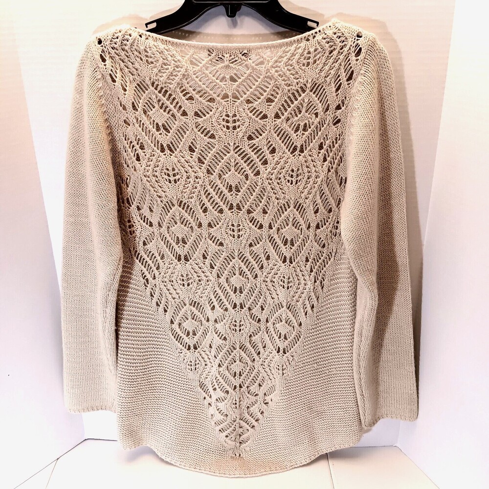 Bianca B Sweater Women L Beige Tunic Crochet Pullover Scoop Neck Preppy Chic